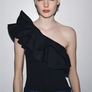 Zara Black One-Shoulder Ruffle Bodysuit